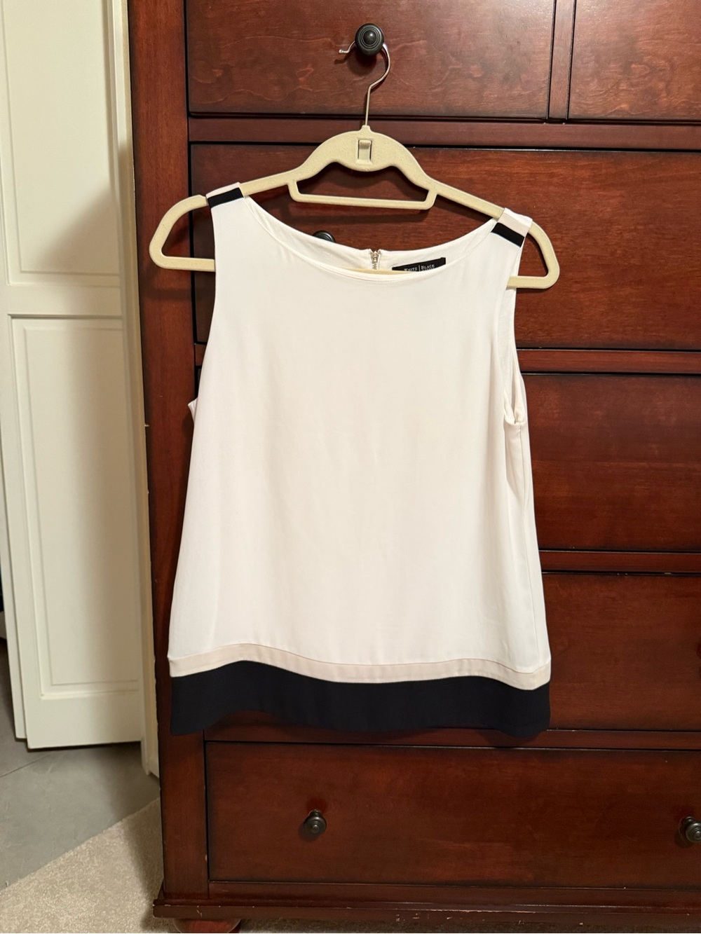 White House Black Market White Sleeveless Shell with Black Trim